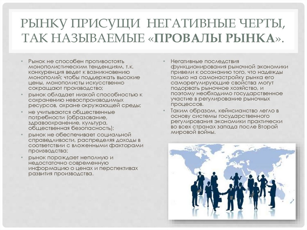 Рынку присущи негативные черты, так называемые «провалы рынка».