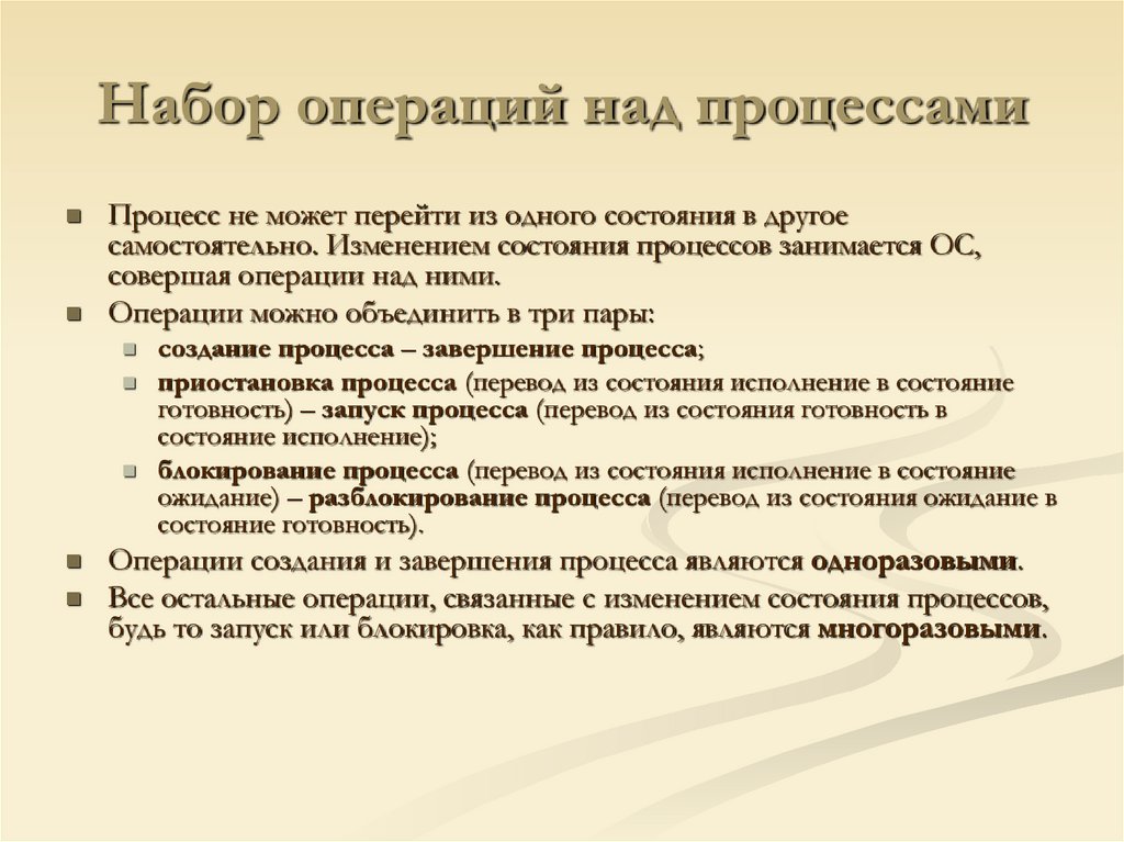 Набор операций над процессами