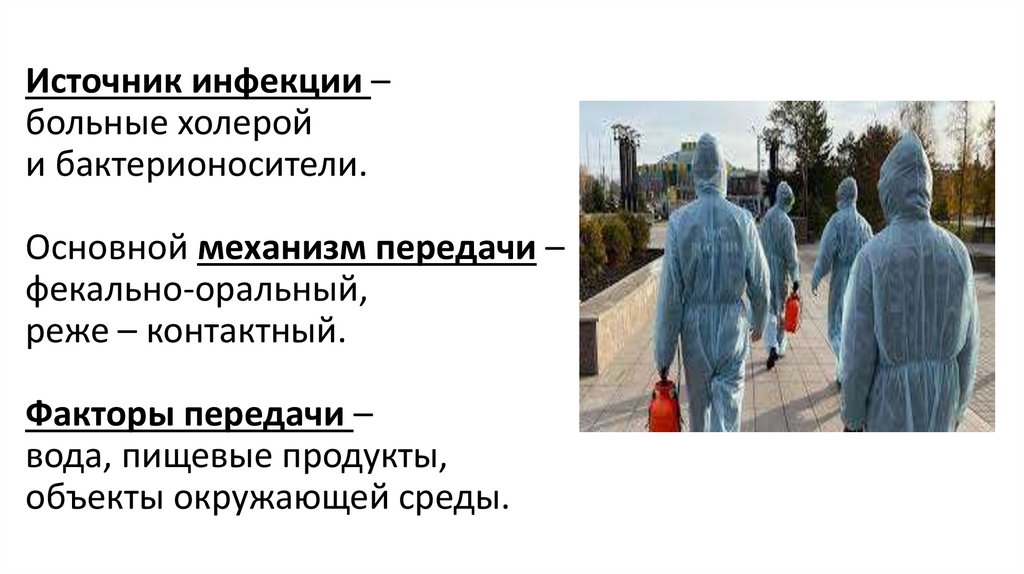 Источник инфекции – больные холерой и бактерионосители. Основной механизм передачи – фекально-оральный, реже – контактный.