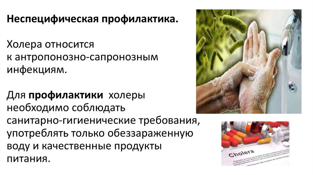 Неспецифическая профилактика. Холера относится к антропонозно-сапронозным инфекциям. Для профилактики холеры необходимо
