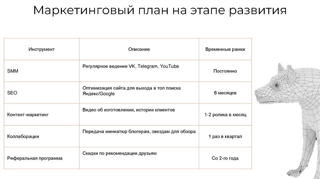 Маркетинговый план на этапе развития