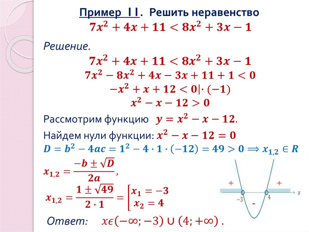 Пример 11. Решить неравенство 7x^2+4x+11<8x^2+3x-1