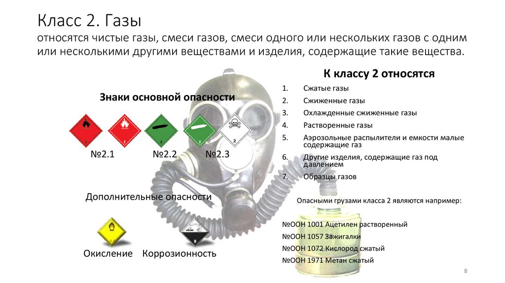 Класс 2. Газы относятся чистые газы, смеси газов, смеси одного или нескольких газов с одним или несколькими другими веществами