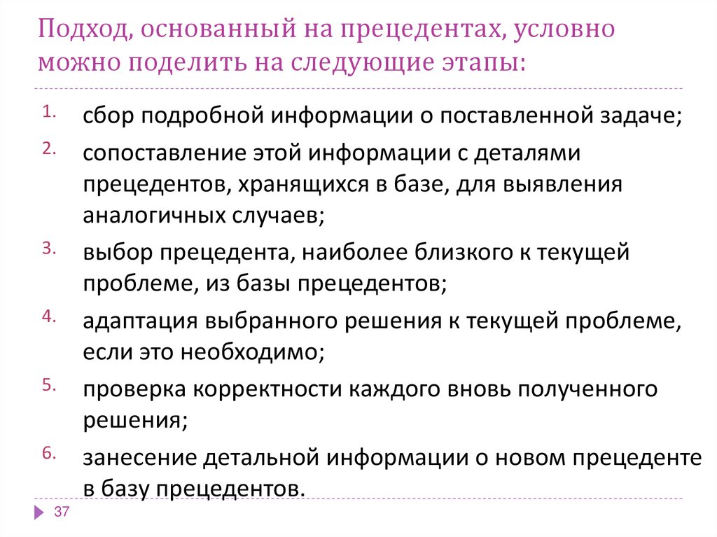 Подход, основанный на прецедентах, условно можно поделить на следующие этапы: