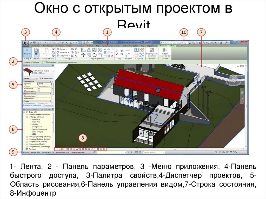 Окно с открытым проектом в Revit