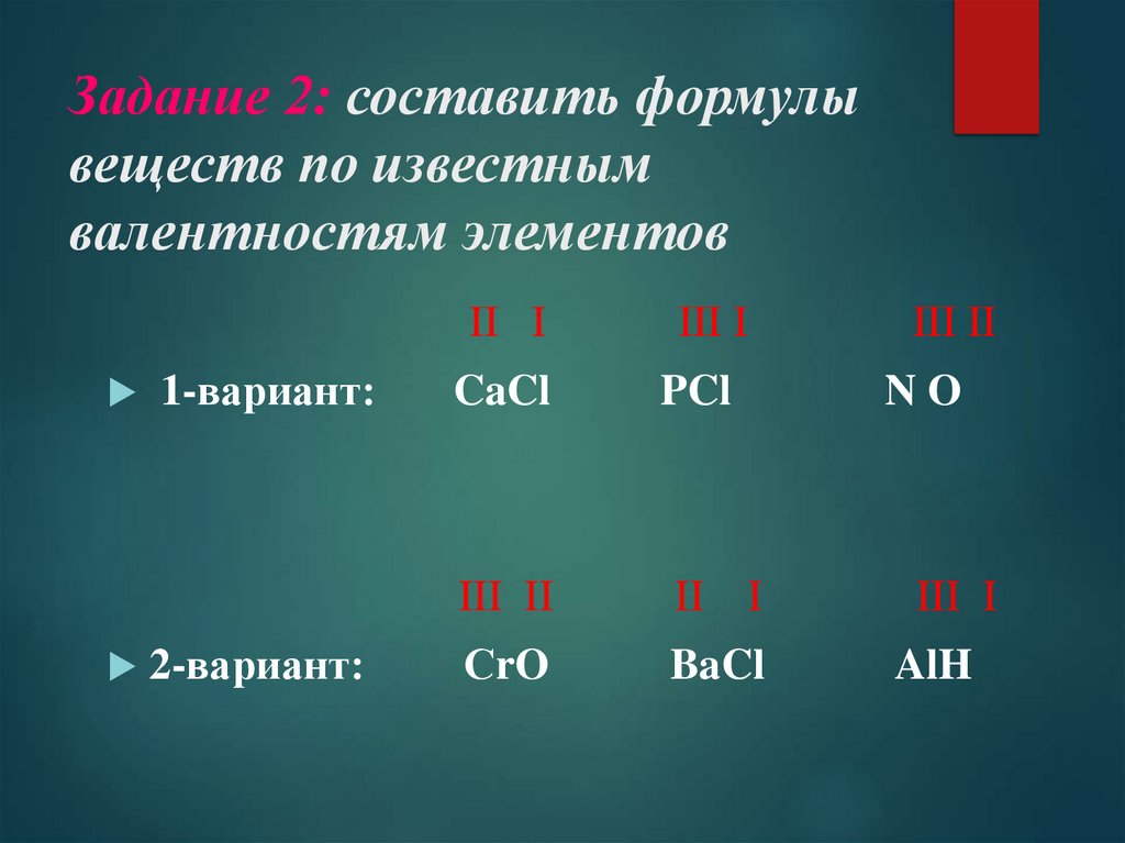 Задание 2: составить формулы веществ по известным валентностям элементов