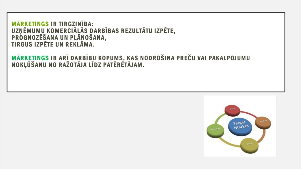 Mārketings ir tirgzinība: uzņēmumu komerciālās darbības rezultātu izpēte, prognozēšana un plānošana, tirgus izpēte un reklāma.