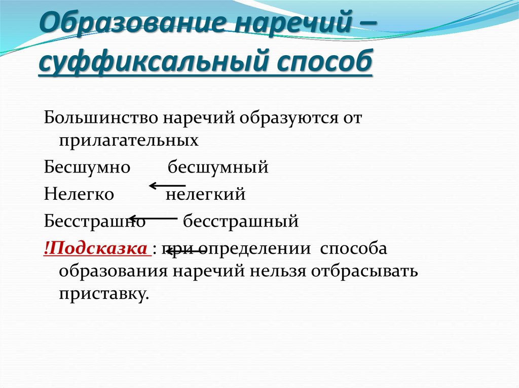 Образование наречий – суффиксальный способ