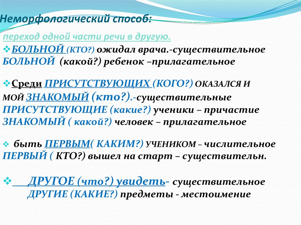 неморфологический способ Неморфологический способ: переход одной части речи в другую.