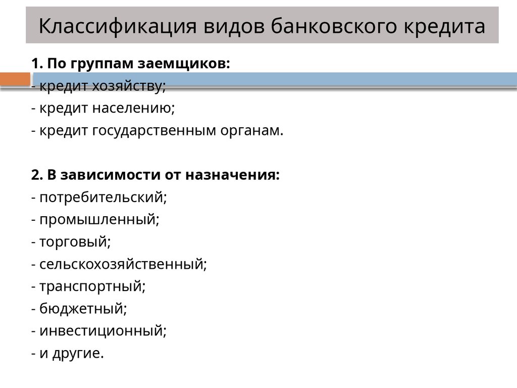 Классификация видов банковского кредита