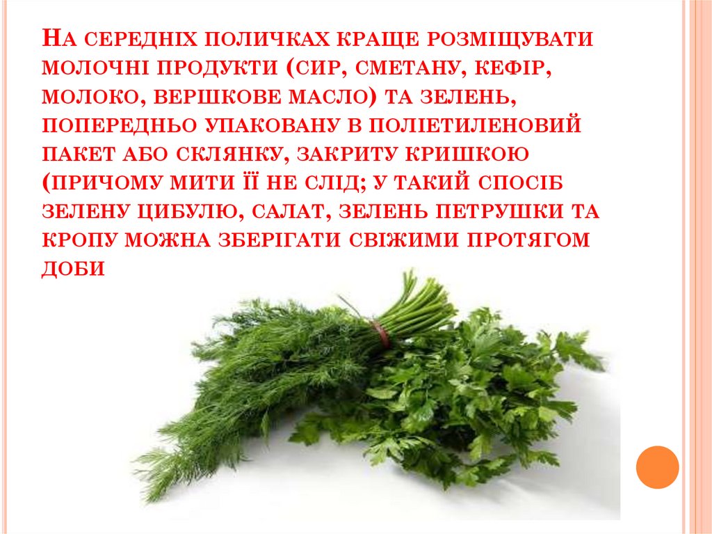 На середніх поличках краще розміщувати молочні продукти (сир, сметану, кефір, молоко, вершкове масло) та зелень, попередньо