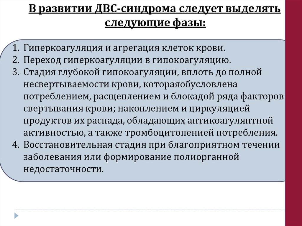 В развитии ДВС-синдрома следует выделять следующие фазы: