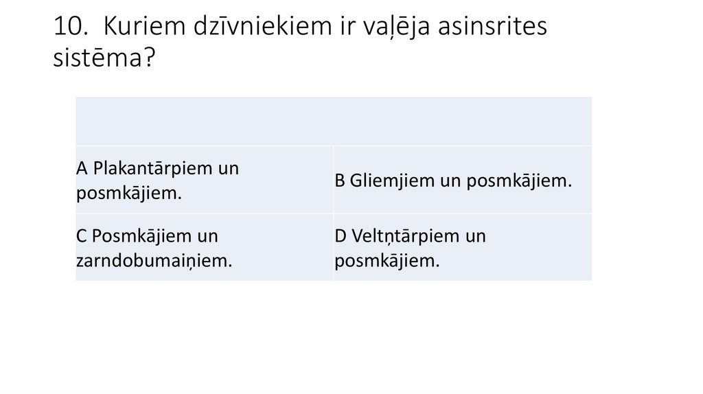 10.  Kuriem dzīvniekiem ir vaļēja asinsrites sistēma?