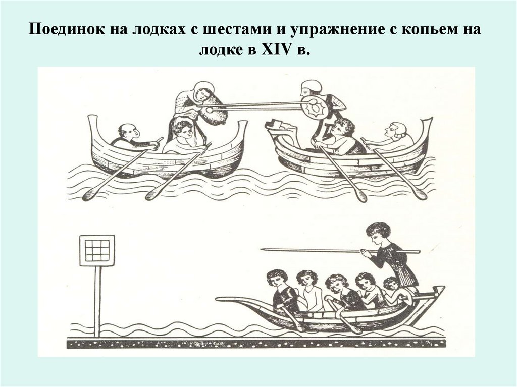 Поединок на лодках с шестами и упражнение с копьем на лодке в XIV в.