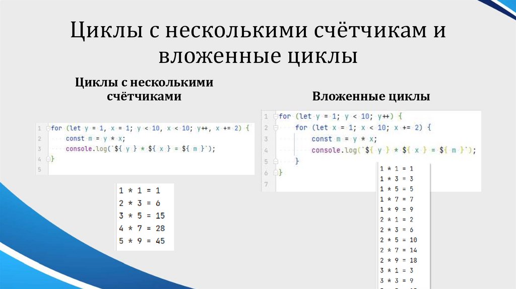 Циклы с несколькими счётчикам и вложенные циклы