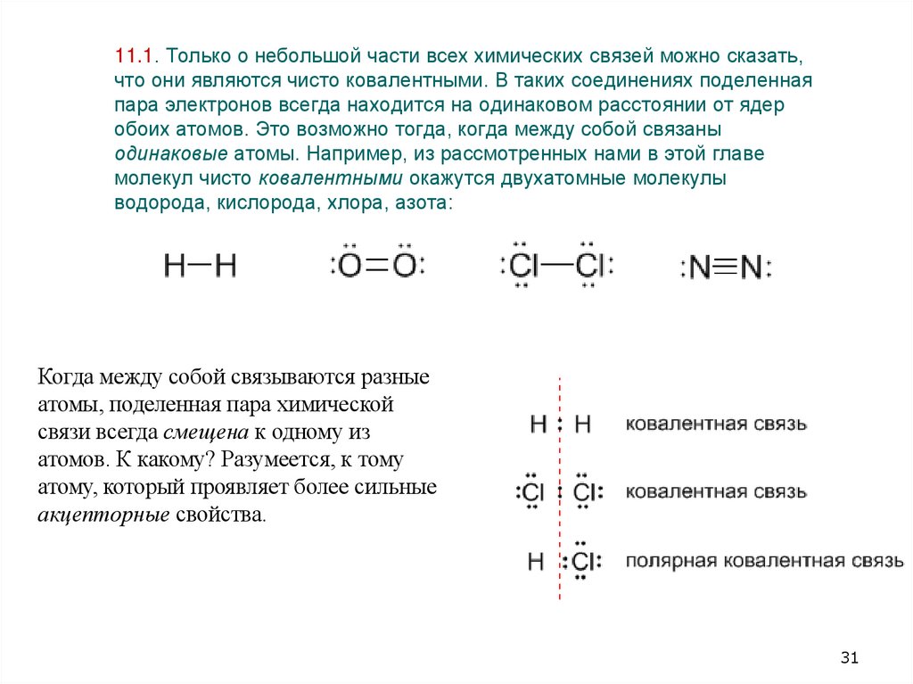 11.1. Только о небольшой части всех химических связей можно сказать, что они являются чисто ковалентными. В таких соединениях