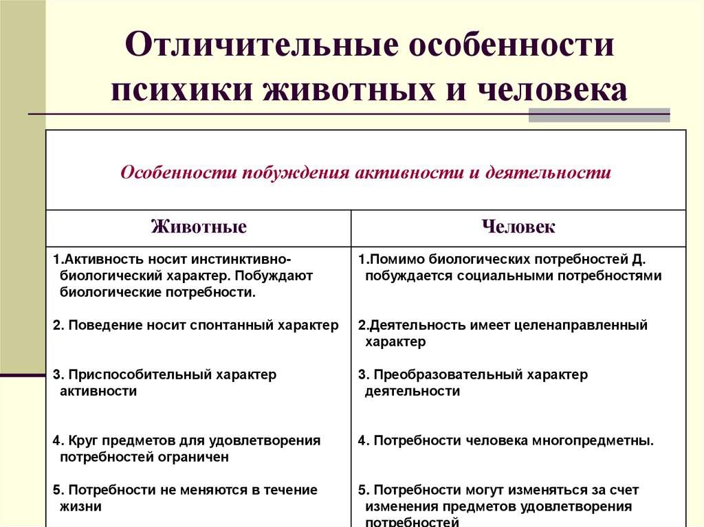 Отличительные особенности психики животных и человека