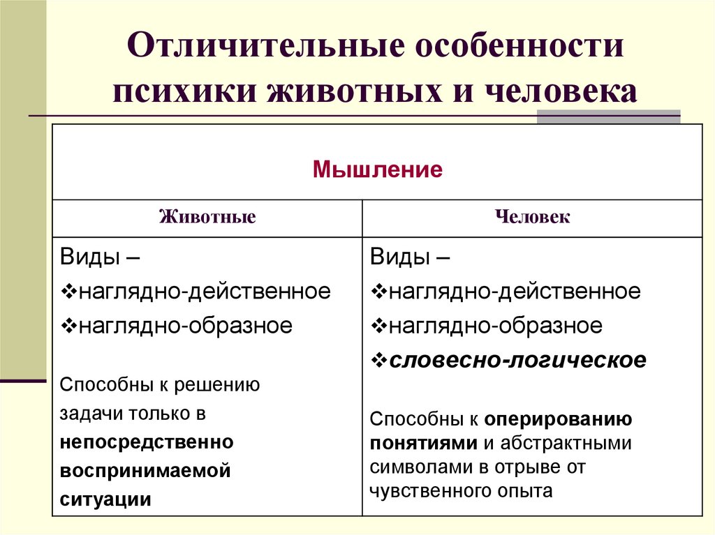 Отличительные особенности психики животных и человека