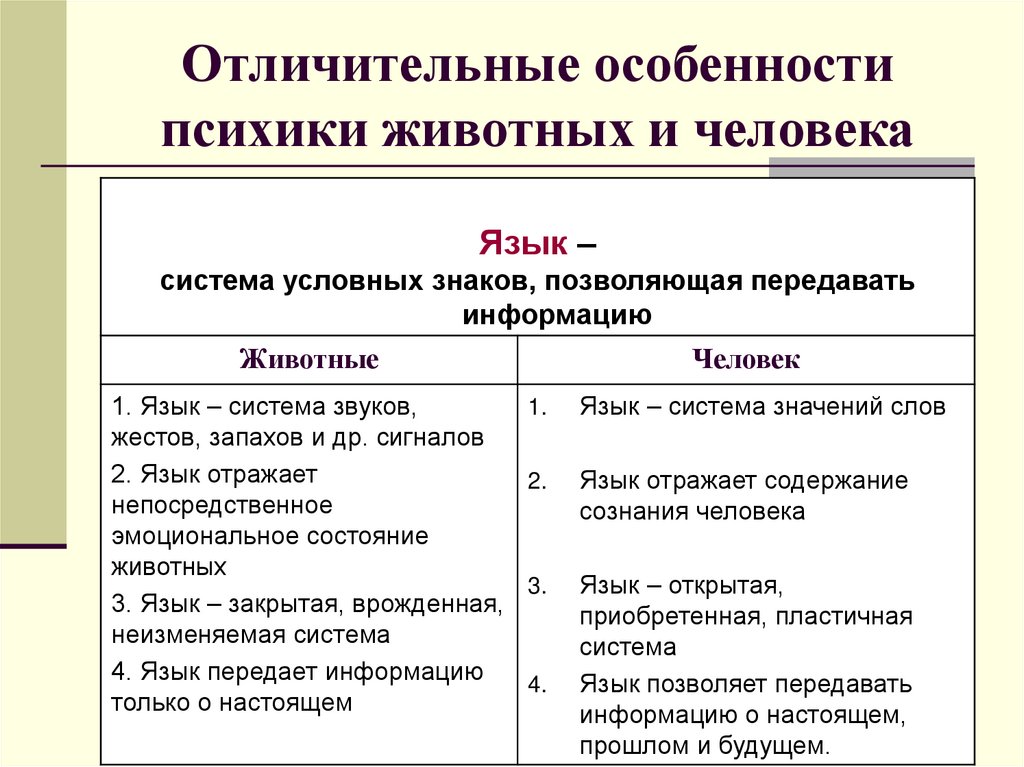Отличительные особенности психики животных и человека