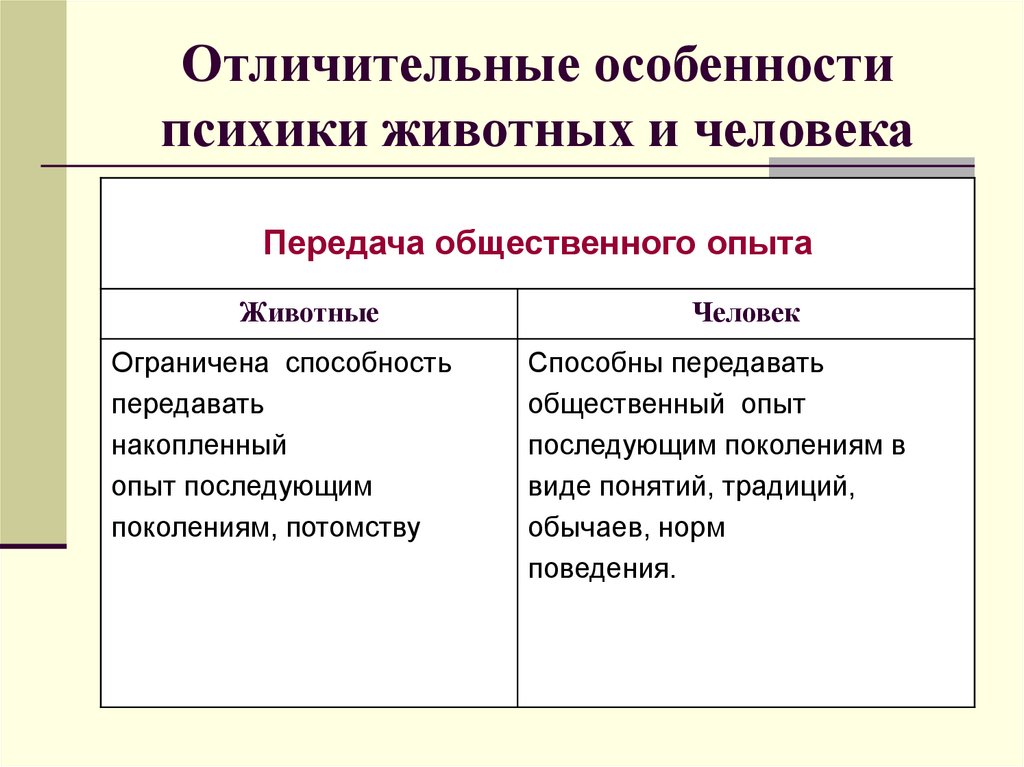 Отличительные особенности психики животных и человека