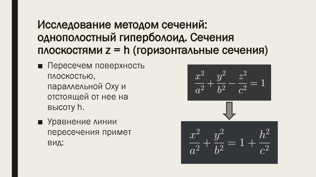 Исследование методом сечений: однополостный гиперболоид. Сечения плоскостями z = h (горизонтальные сечения)