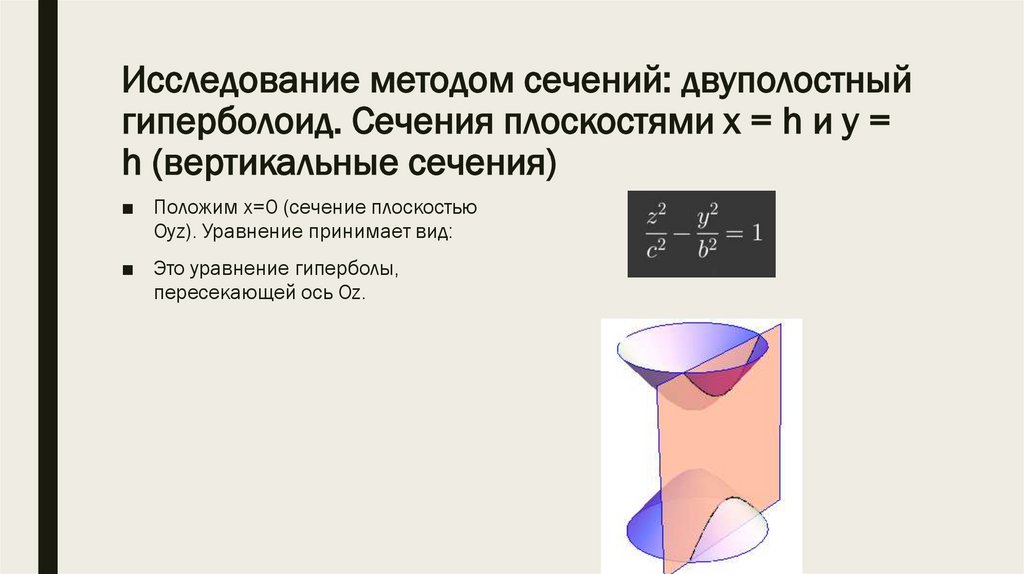 Исследование методом сечений: двуполостный гиперболоид. Сечения плоскостями x = h и y = h (вертикальные сечения)