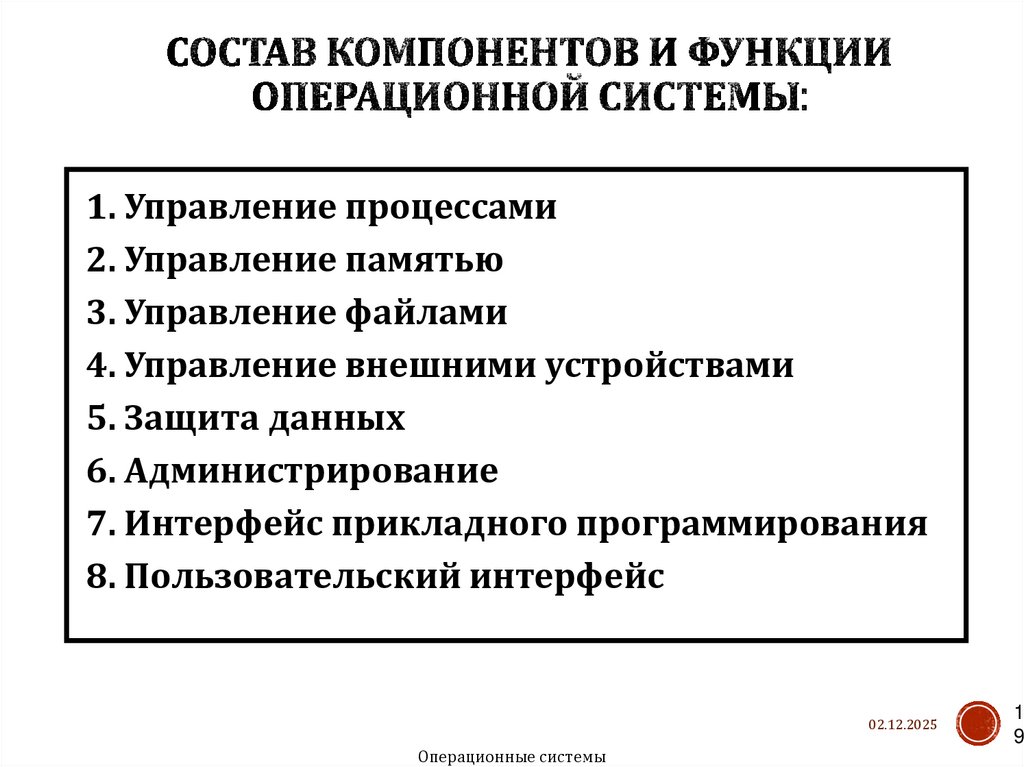 Состав компонентов и функции операционной системы: