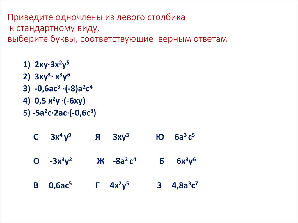 Приведите одночлены из левого столбика к стандартному виду, выберите буквы, соответствующие верным ответам