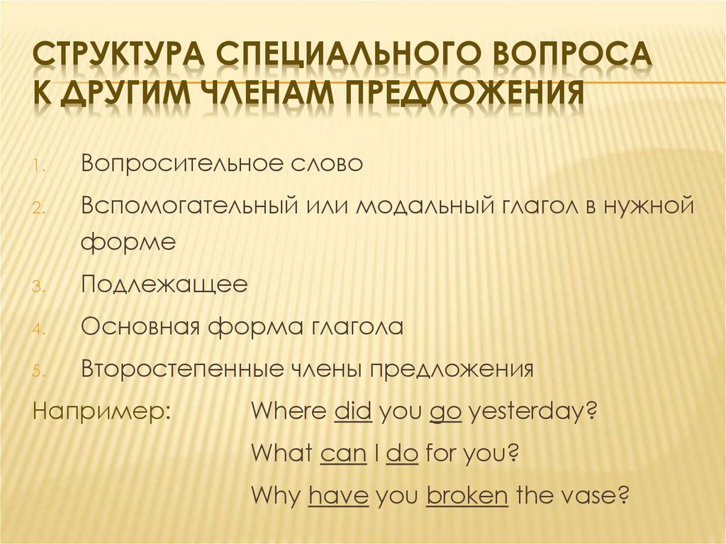 Структура специального вопроса к другим членам предложения