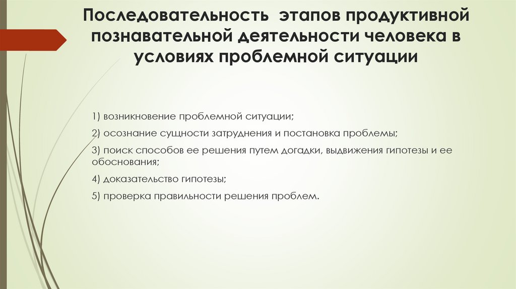 Последовательность этапов продуктивной познавательной деятельности человека в условиях проблемной ситуации