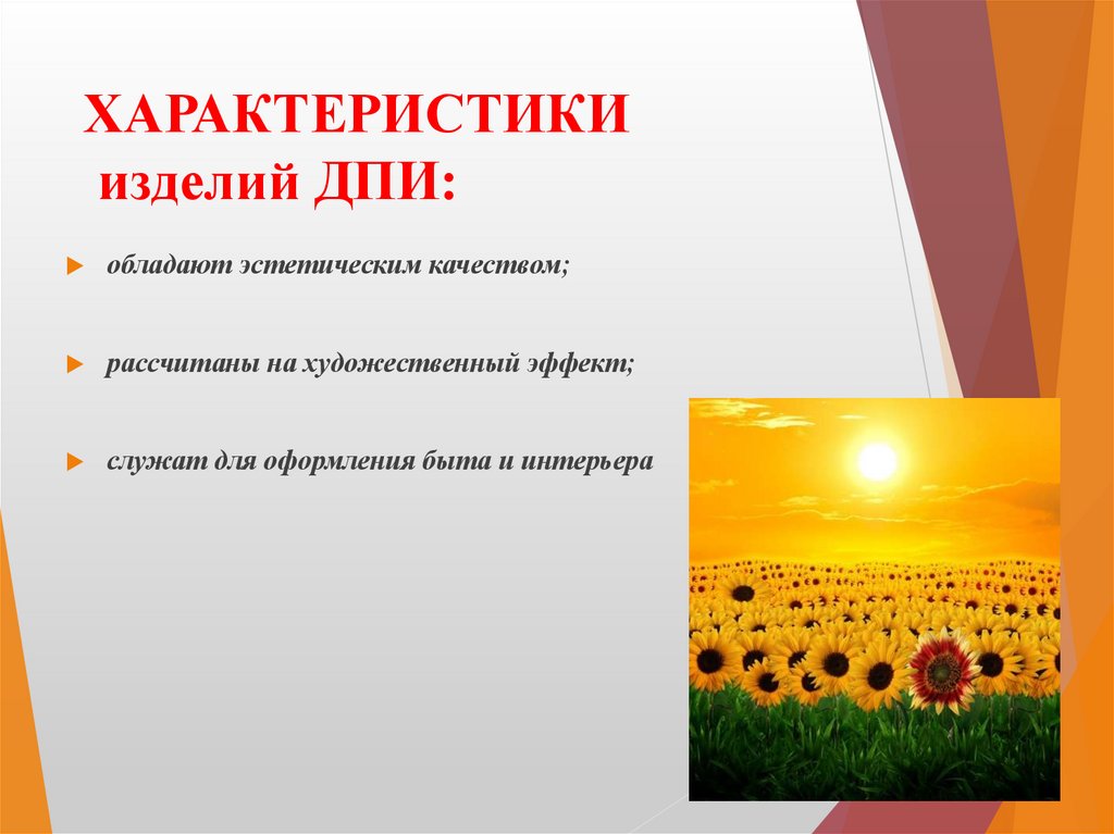 ХАРАКТЕРИСТИКИ изделий ДПИ: