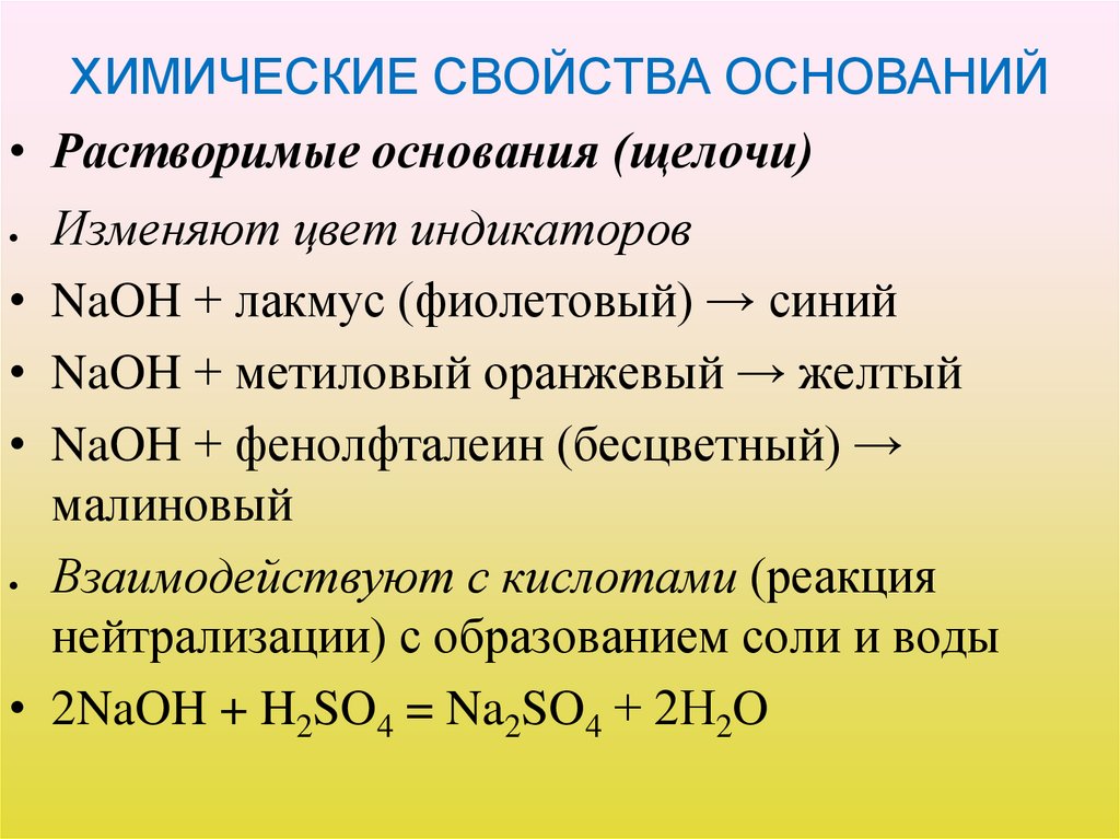 ХИМИЧЕСКИЕ СВОЙСТВА ОСНОВАНИЙ