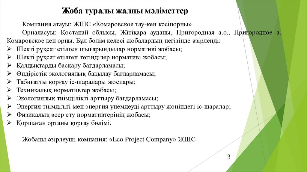 Жоба туралы жалпы мәліметтер