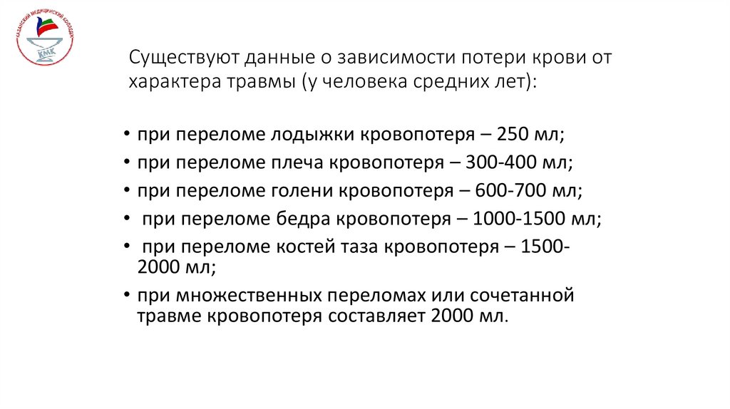 Существуют данные о зависимости потери крови от характера травмы (у человека средних лет):