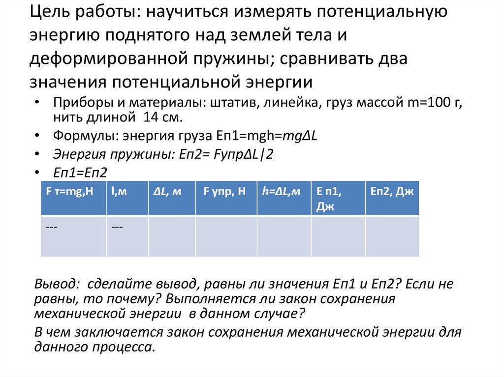 Цель работы: научиться измерять потенциальную энергию поднятого над землей тела и деформированной пружины; сравнивать два