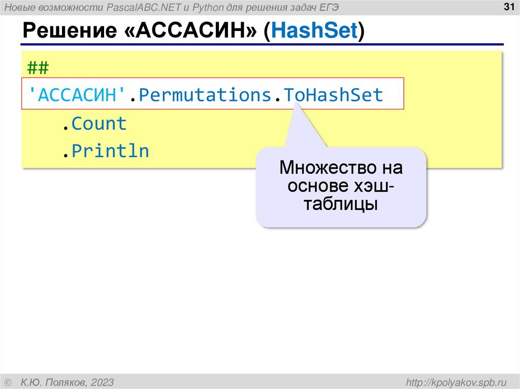 Решение «АССАСИН» (HashSet)