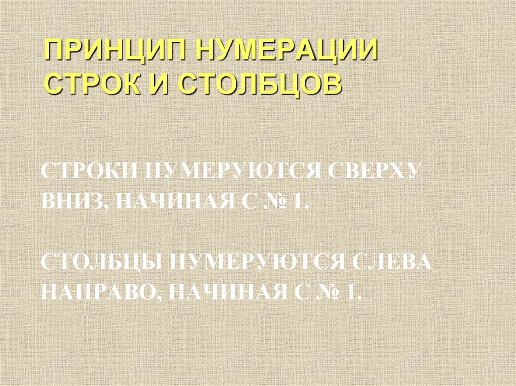 ПРИНЦИП НУМЕРАЦИИ СТРОК И СТОЛБЦОВ