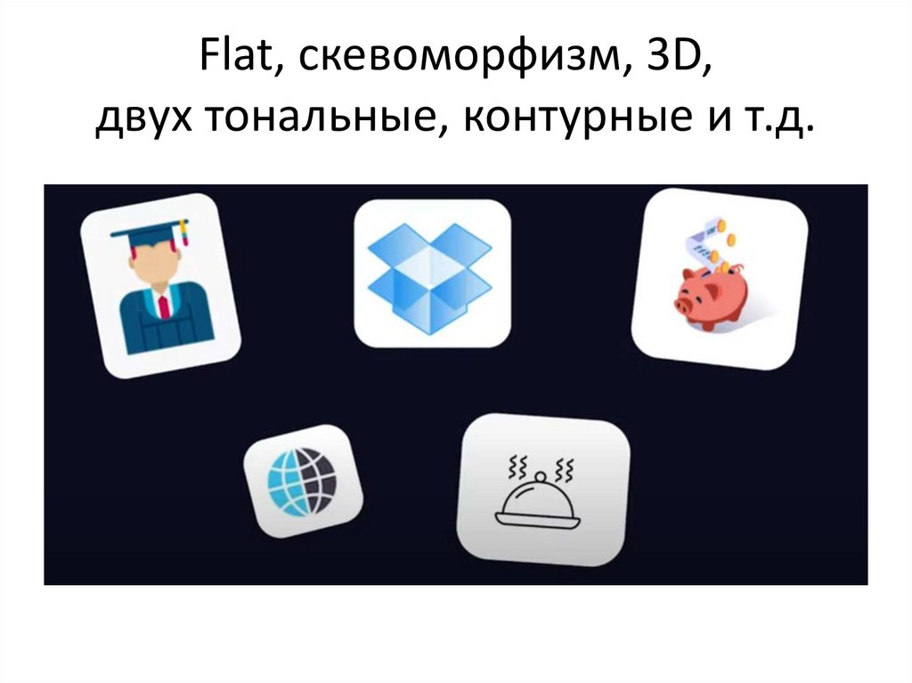 Flat, скевоморфизм, 3D, двух тональные, контурные и т.д.