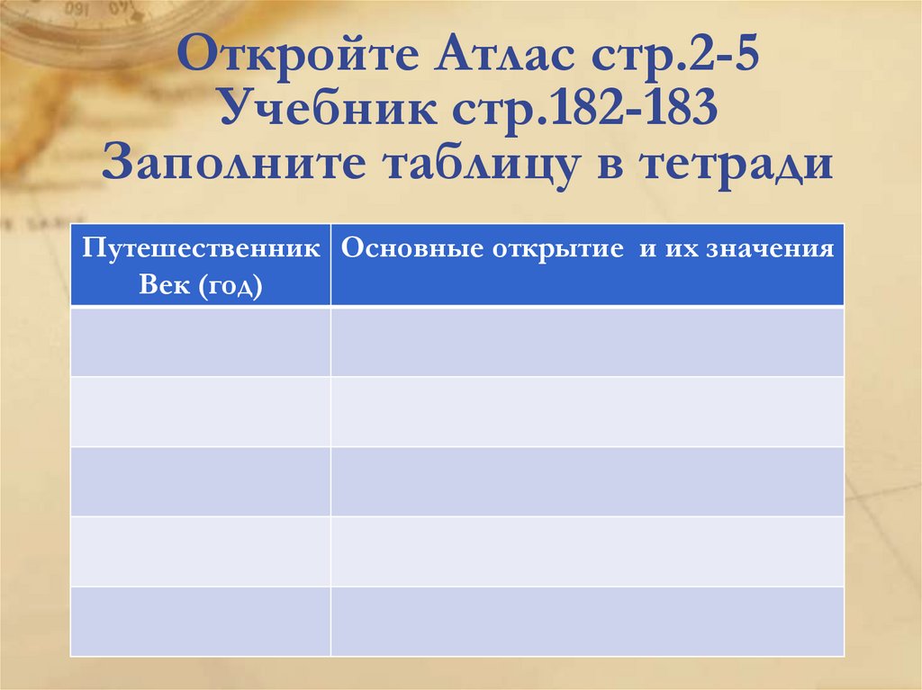 Откройте Атлас стр.2-5Учебник стр.182-183 Заполните таблицу в тетради