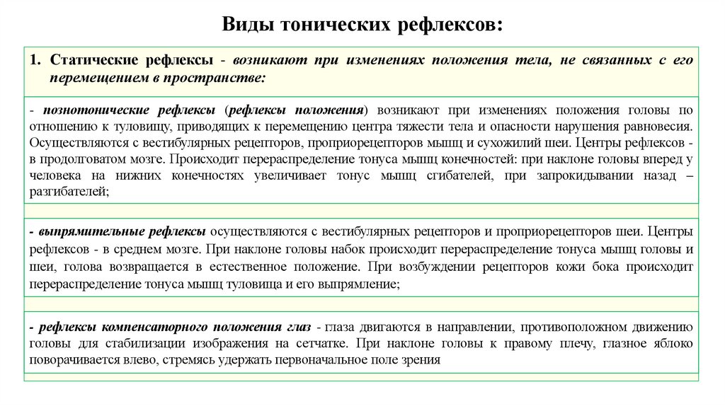 Виды тонических рефлексов: