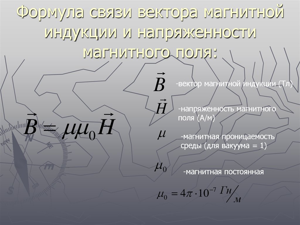 Формула связи вектора магнитной индукции и напряженности магнитного поля: