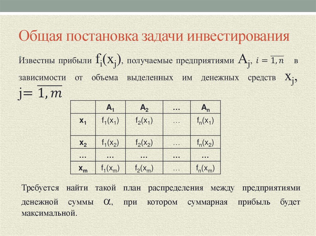 Общая постановка задачи инвестирования