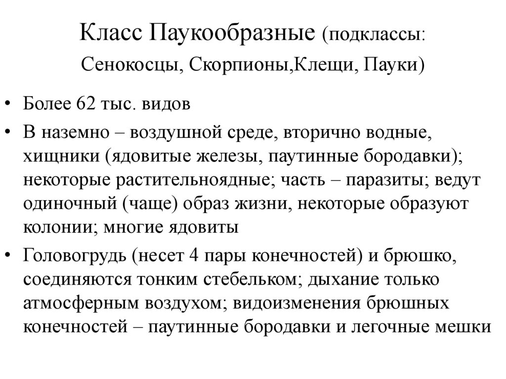 Класс Паукообразные (подклассы: Сенокосцы, Скорпионы,Клещи, Пауки)