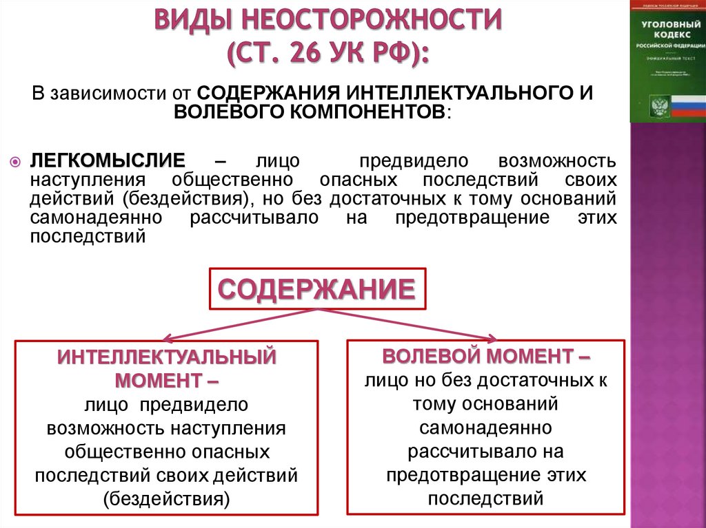 Виды НЕОСТОРОЖНОСТИ (СТ. 26 УК РФ):