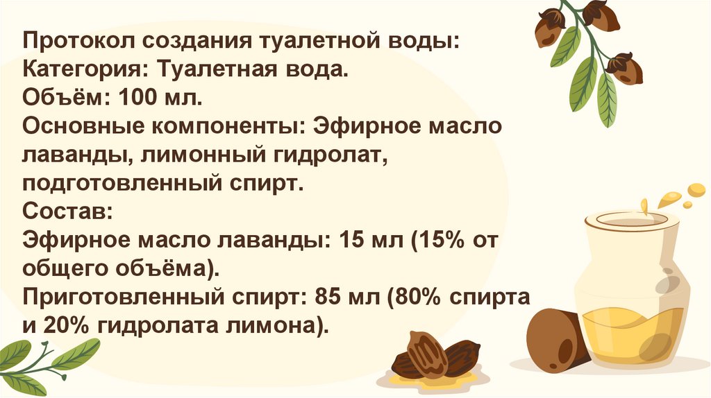 Протокол создания туалетной воды: Категория: Туалетная вода. Объём: 100 мл. Основные компоненты: Эфирное масло лаванды,