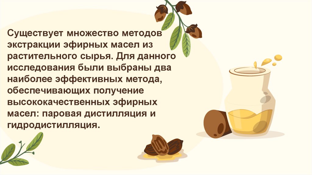 Существует множество методов экстракции эфирных масел из растительного сырья. Для данного исследования были выбраны два