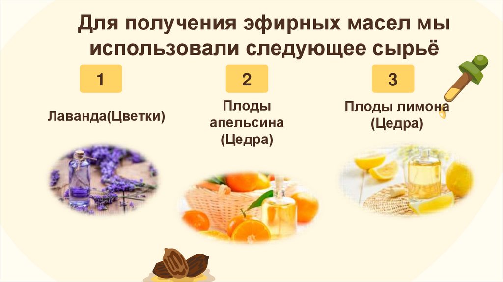 Для получения эфирных масел мы использовали следующее сырьё