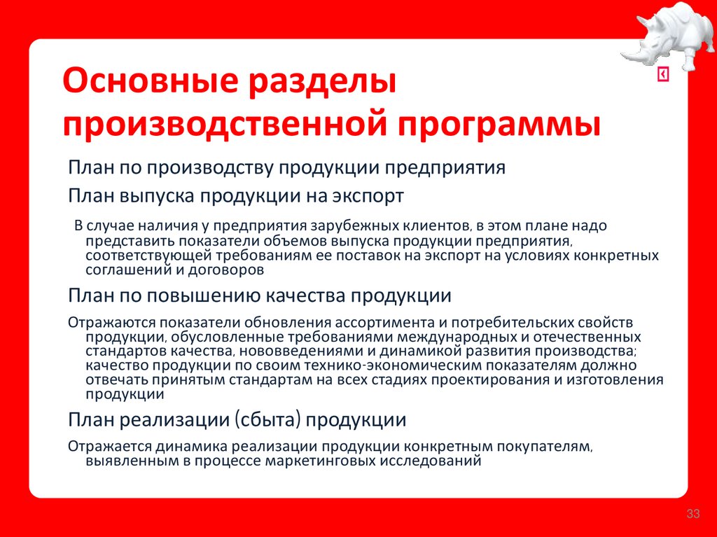 Основные разделы производственной программы