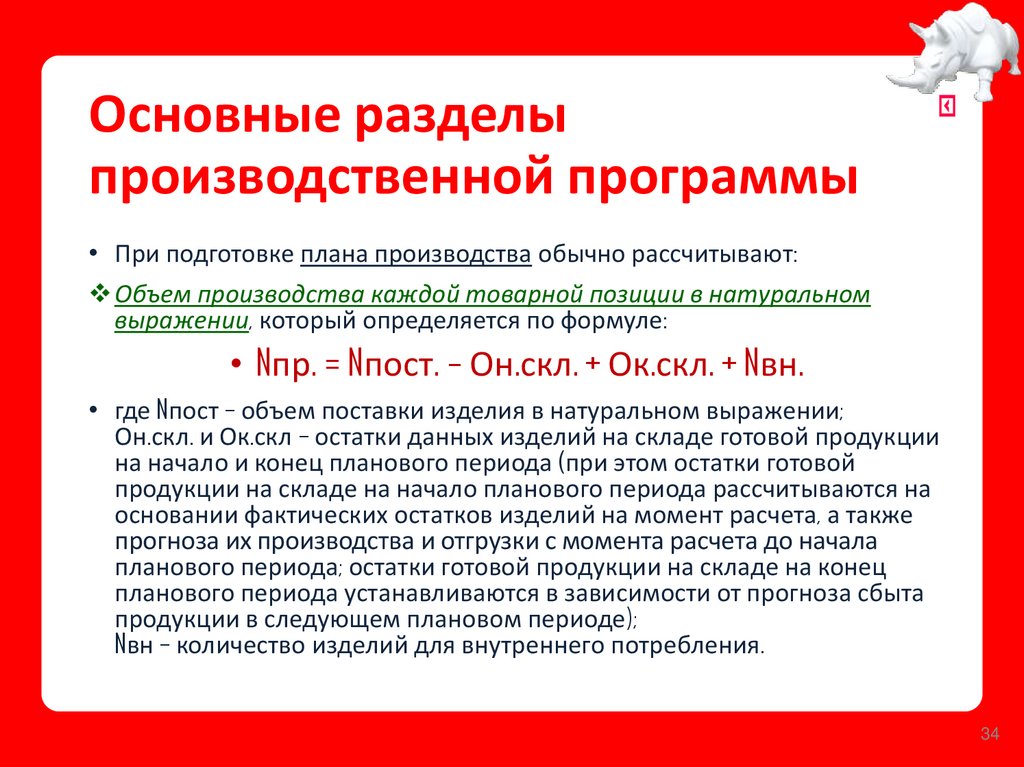 Основные разделы производственной программы