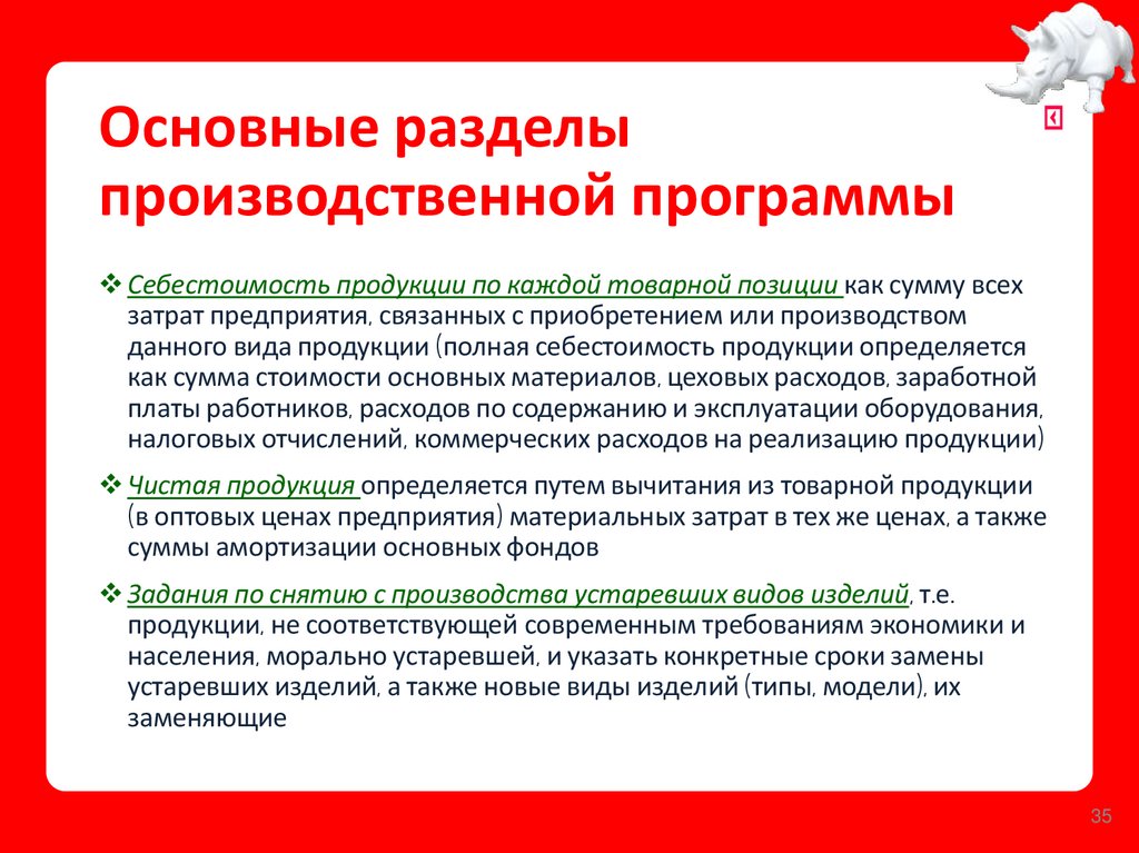 Основные разделы производственной программы